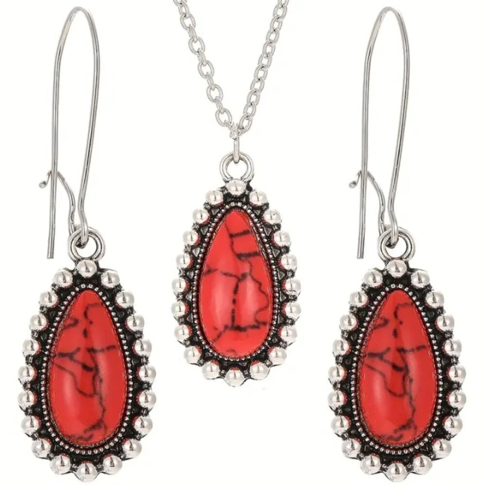 Boho Style Synthetic Red Turquoise Water Drop Pendant Necklace & Earrings Set
